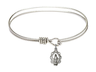 7 1/4 inch Oval Eye Hook Rhodium Bangle Bracelet with a Sterling Silver Miraculous charm.