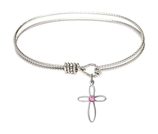 7 1/4 inch Oval Eye Hook Rhodium Bangle Bracelet with a Sterling Silver Loop Cross charm.