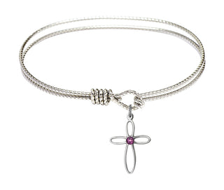 7 1/4 inch Oval Eye Hook Rhodium Bangle Bracelet with a Sterling Silver Loop Cross charm.