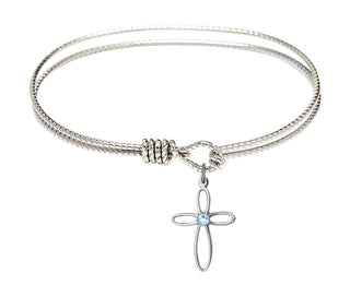 7 1/4 inch Oval Eye Hook Rhodium Bangle Bracelet with a Sterling Silver Loop Cross charm.