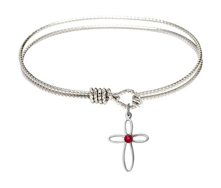 7 1/4 inch Oval Eye Hook Rhodium Bangle Bracelet with a Sterling Silver Loop Cross charm.