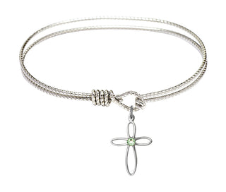 7 1/4 inch Oval Eye Hook Rhodium Bangle Bracelet with a Sterling Silver Loop Cross charm.