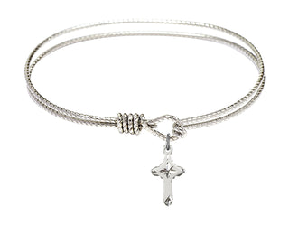 7 1/4 inch Oval Eye Hook Rhodium Bangle Bracelet with a Sterling Silver Cross charm.