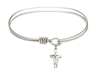 7 1/4 inch Oval Eye Hook Rhodium Bangle Bracelet with a Sterling Silver Cross charm.