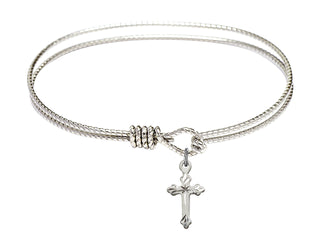 7 1/4 inch Oval Eye Hook Rhodium Bangle Bracelet with a Sterling Silver Cross charm.