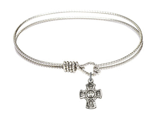 7 1/4 inch Oval Eye Hook Rhodium Bangle Bracelet with a Sterling Silver 5-Way charm.