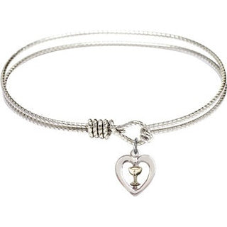 7 1/4 inch Oval Eye Hook Rhodium Bangle Bracelet with a Two-Tone SS/GF Heart / Chalice charm.