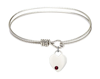 7 1/4 inch Oval Eye Hook Rhodium Bangle Bracelet with a Sterling Silver Heart charm. Engraved Catholic Saint Jewelry