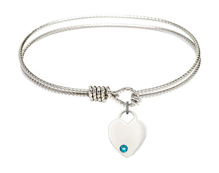7 1/4 inch Oval Eye Hook Rhodium Bangle Bracelet with a Sterling Silver Heart charm. Engraved Catholic Saint Jewelry