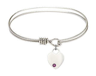 7 1/4 inch Oval Eye Hook Rhodium Bangle Bracelet with a Sterling Silver Heart charm. Engraved Catholic Saint Jewelry