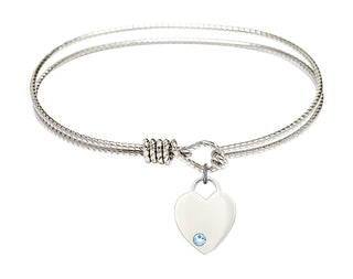 7 1/4 inch Oval Eye Hook Rhodium Bangle Bracelet with a Sterling Silver Heart charm. Engraved Catholic Saint Jewelry