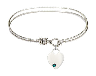 7 1/4 inch Oval Eye Hook Rhodium Bangle Bracelet with a Sterling Silver Heart charm. Engraved Catholic Saint Jewelry