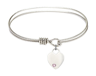 7 1/4 inch Oval Eye Hook Rhodium Bangle Bracelet with a Sterling Silver Heart charm. Engraved Catholic Saint Jewelry