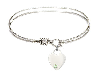 7 1/4 inch Oval Eye Hook Rhodium Bangle Bracelet with a Sterling Silver Heart charm. Engraved Catholic Saint Jewelry