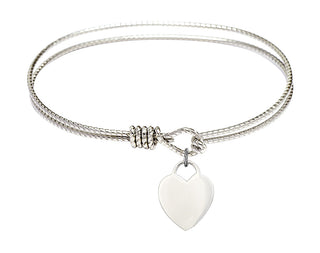 7 1/4 inch Oval Eye Hook Rhodium Bangle Bracelet with a Sterling Silver Heart charm. Engraved Catholic Saint Jewelry