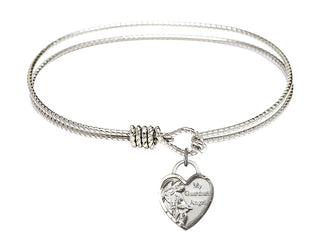 7 1/4 inch Oval Eye Hook Rhodium Bangle Bracelet with a Sterling Silver Guardian Angel Heart charm. Engraved Catholic Saint Jewelry