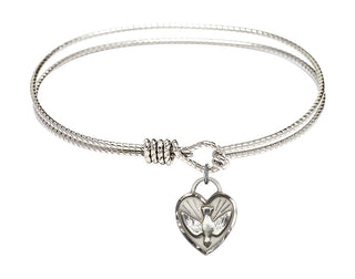 7 1/4 inch Oval Eye Hook Rhodium Bangle Bracelet with a Sterling Silver Confirmation Heart charm. Engraved Catholic Saint Jewelry