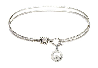 7 1/4 inch Oval Eye Hook Rhodium Bangle Bracelet with a Sterling Silver Claddagh charm.