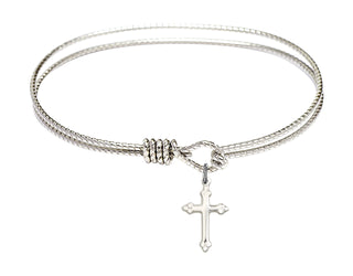 7 1/4 inch Oval Eye Hook Rhodium Bangle Bracelet with a Sterling Silver Cross Charm charm.