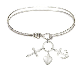 7 1/4 inch Oval Eye Hook Rhodium Bangle Bracelet with a Sterling Silver Cross Charm charm.