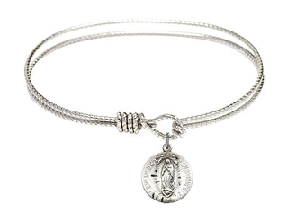 7 1/4 inch Oval Eye Hook Rhodium Bangle Bracelet with a Sterling Silver Our Lady of Guadalupe charm.
