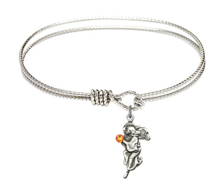 7 1/4 inch Oval Eye Hook Rhodium Bangle Bracelet with a Sterling Silver Guardian Angel charm.