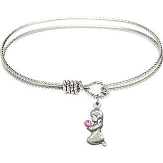 7 1/4 inch Oval Eye Hook Rhodium Bangle Bracelet with a Sterling Silver Praying Girl charm.