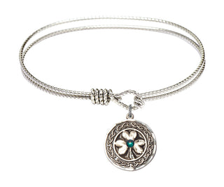 7 1/4 inch Oval Eye Hook Rhodium Bangle Bracelet with a Sterling Silver Shamrock with Celtic Border charm.