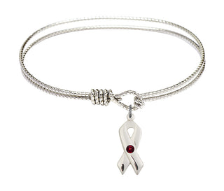7 1/4 inch Oval Eye Hook Rhodium Bangle Bracelet with a Sterling Silver Cancer Awareness charm.