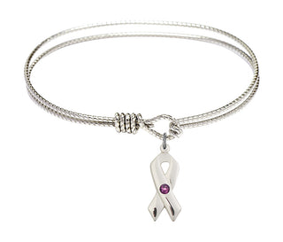 7 1/4 inch Oval Eye Hook Rhodium Bangle Bracelet with a Sterling Silver Cancer Awareness charm.