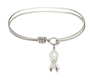 7 1/4 inch Oval Eye Hook Rhodium Bangle Bracelet with a Sterling Silver Cancer Awareness charm.