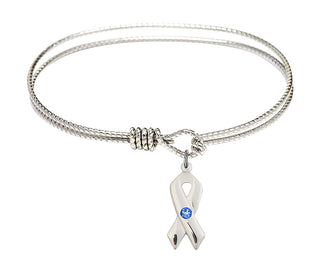7 1/4 inch Oval Eye Hook Rhodium Bangle Bracelet with a Sterling Silver Cancer Awareness charm.