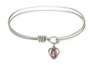7 1/4 inch Oval Eye Hook Rhodium Bangle Bracelet with a Sterling Silver Miraculous charm.