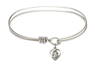 7 1/4 inch Oval Eye Hook Rhodium Bangle Bracelet with a Sterling Silver Guardian Angel charm. Engraved Catholic Saint Jewelry