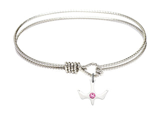 7 1/4 inch Oval Eye Hook Rhodium Bangle Bracelet with a Sterling Silver Holy Spirit charm.