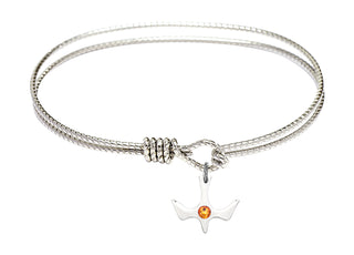 7 1/4 inch Oval Eye Hook Rhodium Bangle Bracelet with a Sterling Silver Holy Spirit charm.