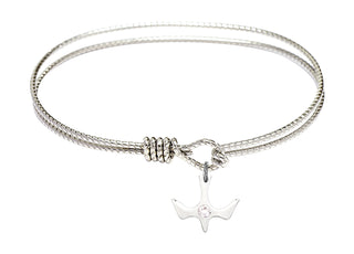 7 1/4 inch Oval Eye Hook Rhodium Bangle Bracelet with a Sterling Silver Holy Spirit charm.