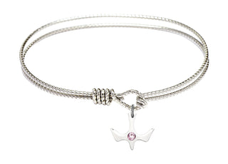 7 1/4 inch Oval Eye Hook Rhodium Bangle Bracelet with a Sterling Silver Holy Spirit charm.