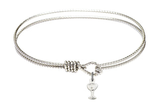 7 1/4 inch Oval Eye Hook Rhodium Bangle Bracelet with a Sterling Silver Chalice charm.