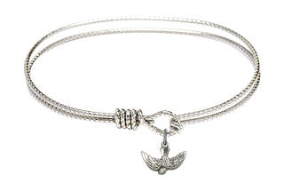 7 1/4 inch Oval Eye Hook Rhodium Bangle Bracelet with a Sterling Silver Holy Spirit charm.