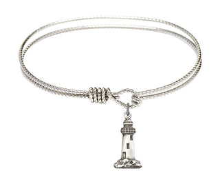 7 1/4 inch Oval Eye Hook Rhodium Bangle Bracelet with a Sterling Silver Lighthouse charm.