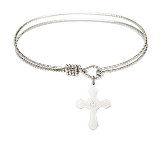 7 1/4 inch Oval Eye Hook Rhodium Bangle Bracelet with a Sterling Silver Cross charm.