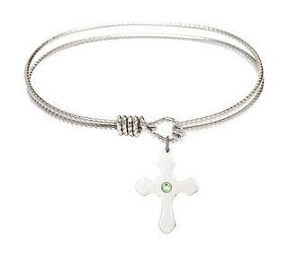 7 1/4 inch Oval Eye Hook Rhodium Bangle Bracelet with a Sterling Silver Cross charm.