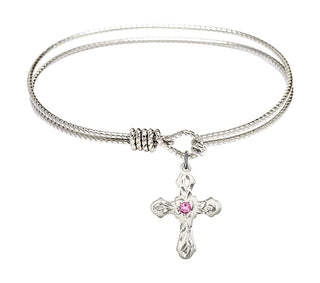 7 1/4 inch Oval Eye Hook Rhodium Bangle Bracelet with a Sterling Silver Cross charm. Engraved Catholic Saint Jewelry