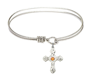 7 1/4 inch Oval Eye Hook Rhodium Bangle Bracelet with a Sterling Silver Cross charm. Engraved Catholic Saint Jewelry