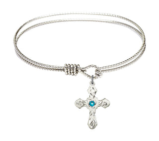 7 1/4 inch Oval Eye Hook Rhodium Bangle Bracelet with a Sterling Silver Cross charm. Engraved Catholic Saint Jewelry