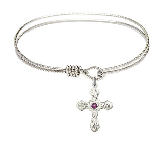 7 1/4 inch Oval Eye Hook Rhodium Bangle Bracelet with a Sterling Silver Cross charm. Engraved Catholic Saint Jewelry