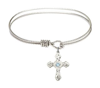 7 1/4 inch Oval Eye Hook Rhodium Bangle Bracelet with a Sterling Silver Cross charm. Engraved Catholic Saint Jewelry