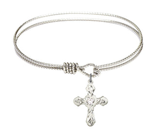 7 1/4 inch Oval Eye Hook Rhodium Bangle Bracelet with a Sterling Silver Cross charm. Engraved Catholic Saint Jewelry