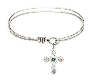 7 1/4 inch Oval Eye Hook Rhodium Bangle Bracelet with a Sterling Silver Cross charm. Engraved Catholic Saint Jewelry